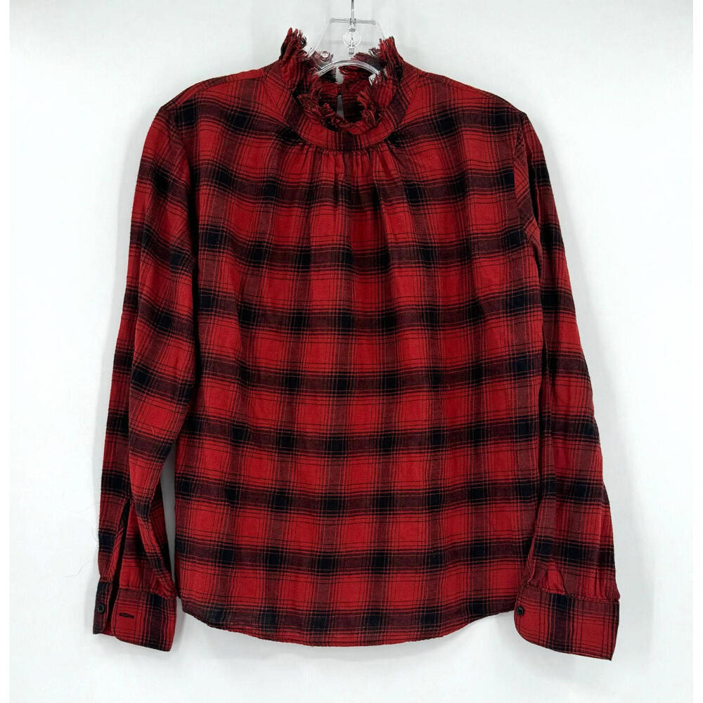 Officine Generale Womens Red Plaid Flannel Mock Neck Long Sleeve Blouse Top Sz S